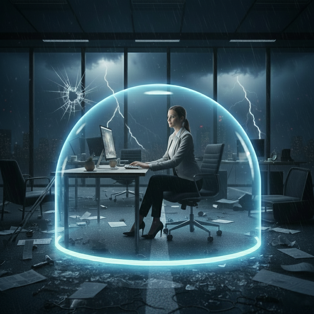 Person in Schutzkuppel im B&uuml;ro w&auml;hrend einer Gefahrensituation