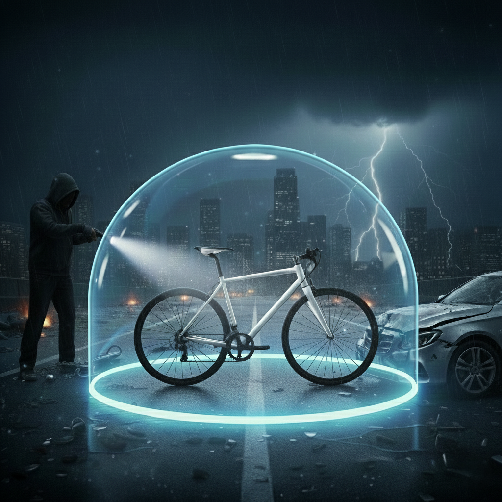 Fahrrad in Schutzkuppel bei Unwetter, verhindert Diebstahl und Sch&auml;den