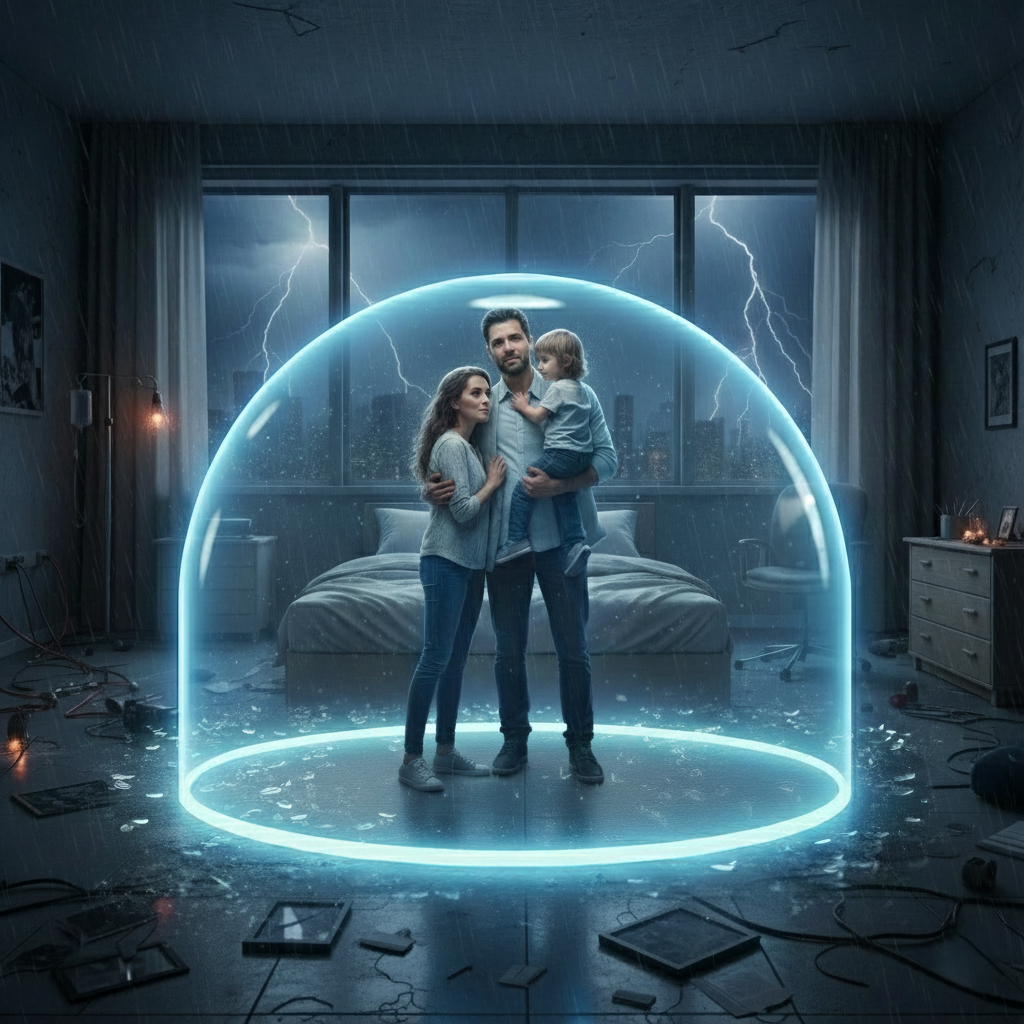 Familie in Schutzkuppel in sicherer Umgebung w&auml;hrend Unwetter