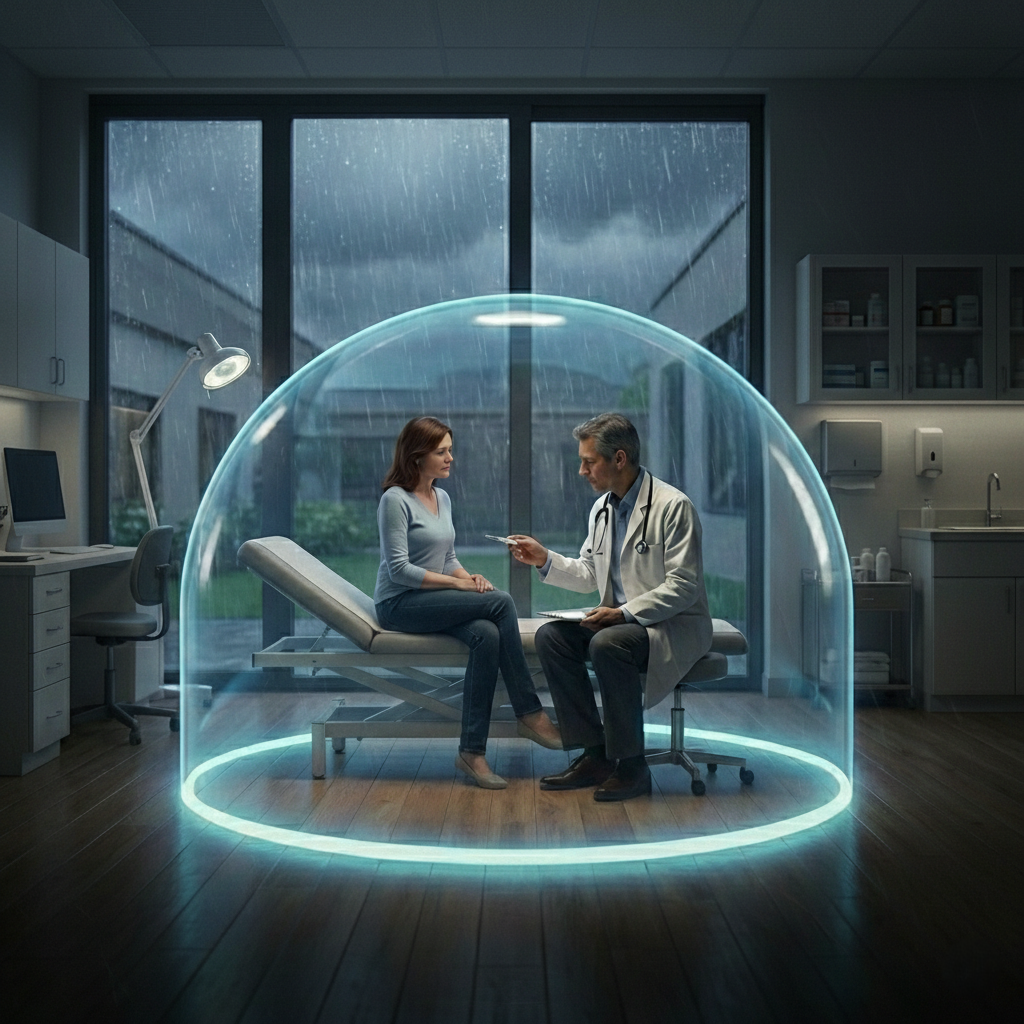 Patientengespr&auml;ch in Schutzkuppel w&auml;hrend eines Arzttermins