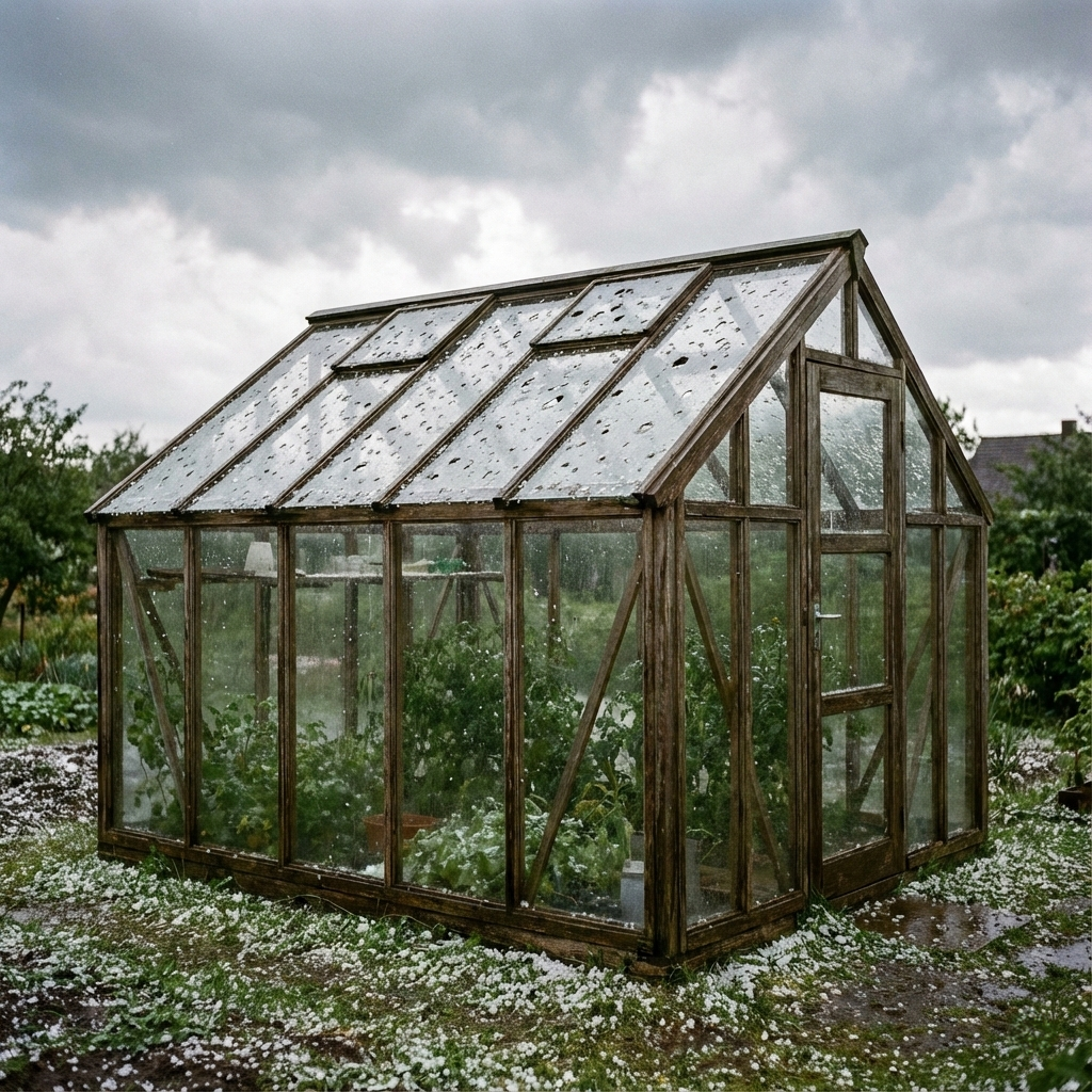 Beschädigtes Gewächshaus mit eingeschlagenen Glasscheiben nach starkem Hagelschauer