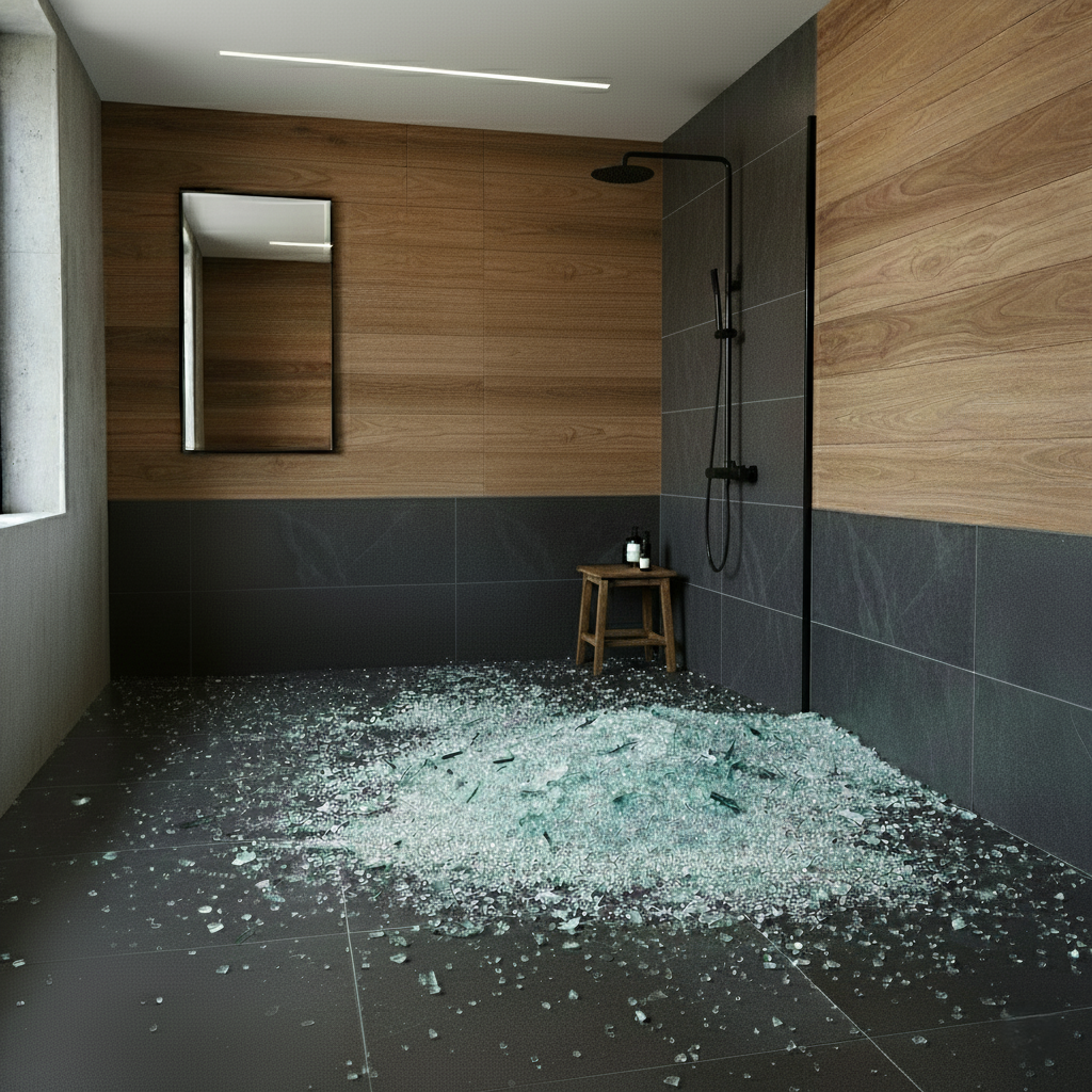 Zerbrochene Duschglaswand mit verstreutem Sicherheitsglas im Badezimmer