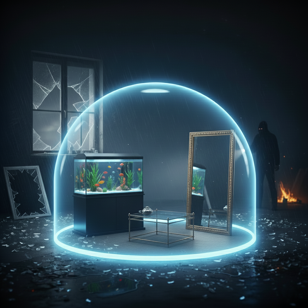 Wohnbereich mit Aquarium, Glastisch und gro&szlig;em Spiegel unter einer leuchtenden Schutzkuppel, w&auml;hrend drau&szlig;en Glasscherben und ein Einbruchsszenario sichtbar sind