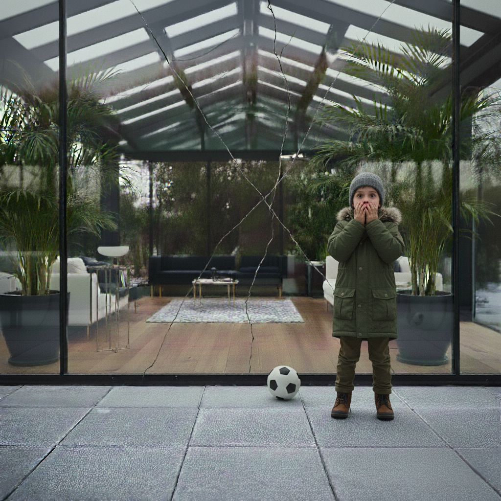 Zerbrochene Wintergarten-Glasscheibe nach Fußballaufprall auf der Terrasse