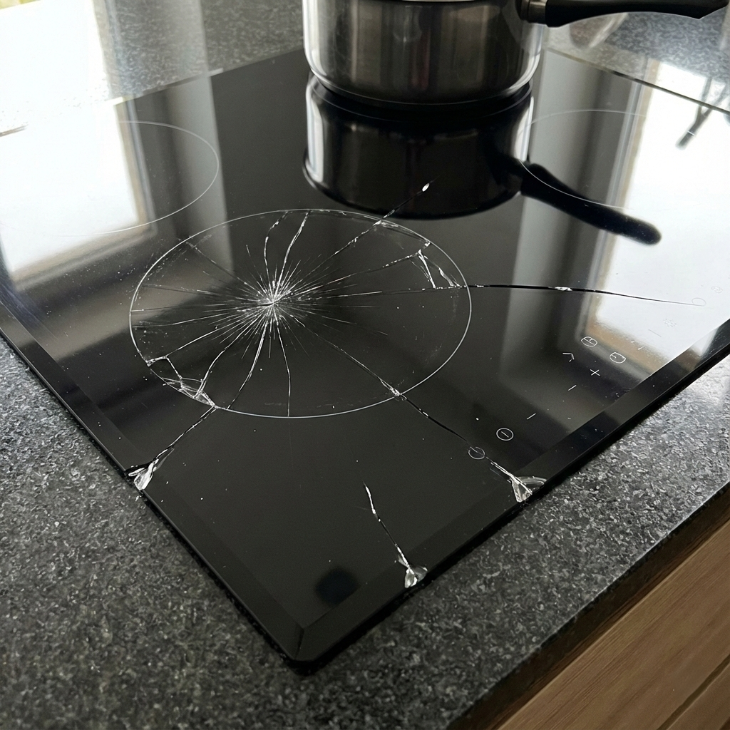 Rissiges Induktionskochfeld mit sternförmigem Glasbruch in der Küche