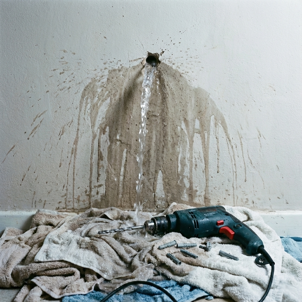Wasser spritzt aus angebohrter Leitung in einer Wand, Bohrmaschine liegt davor
