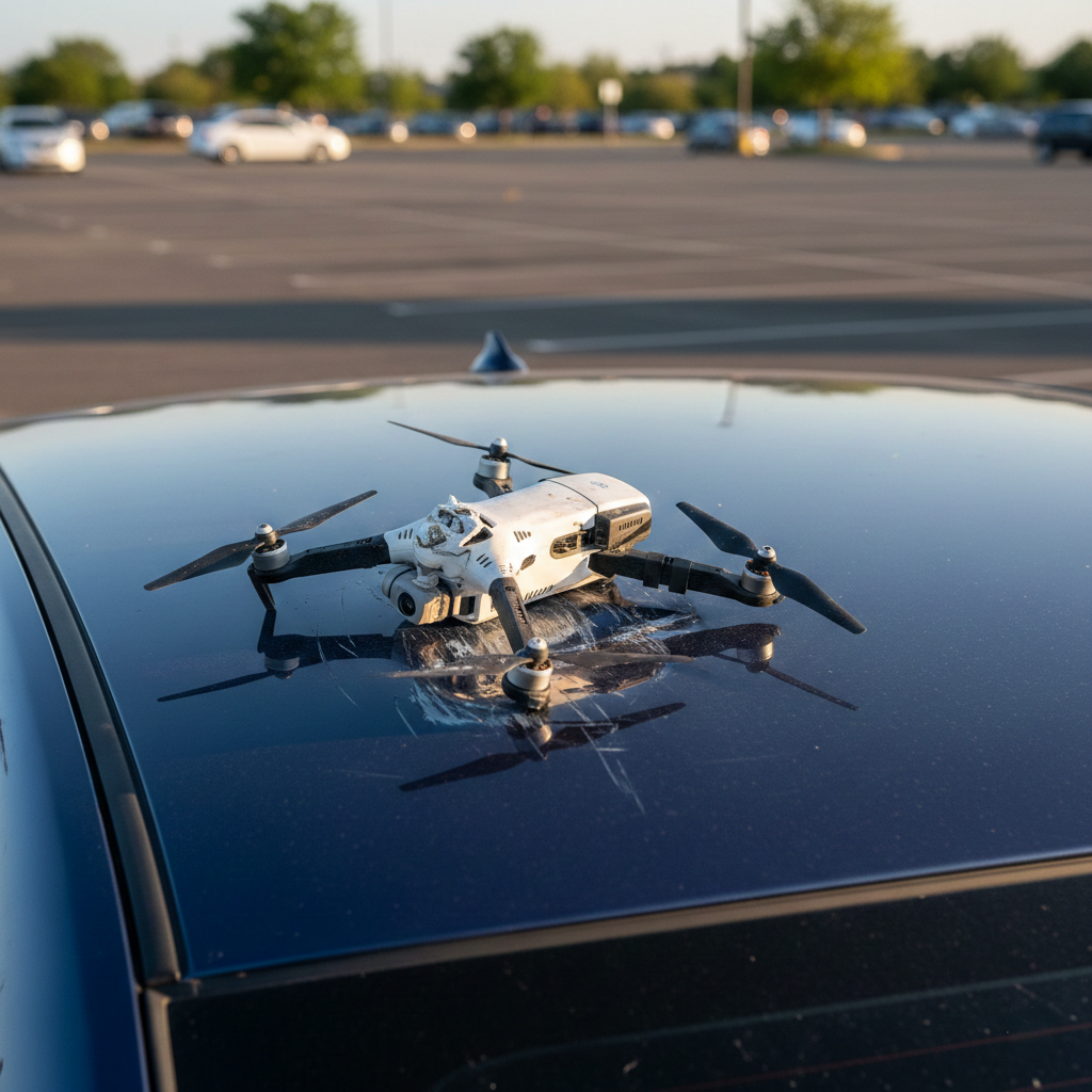 Abgestürzte Drohne liegt beschädigt auf dem Dach eines Autos und verursacht Kratzer