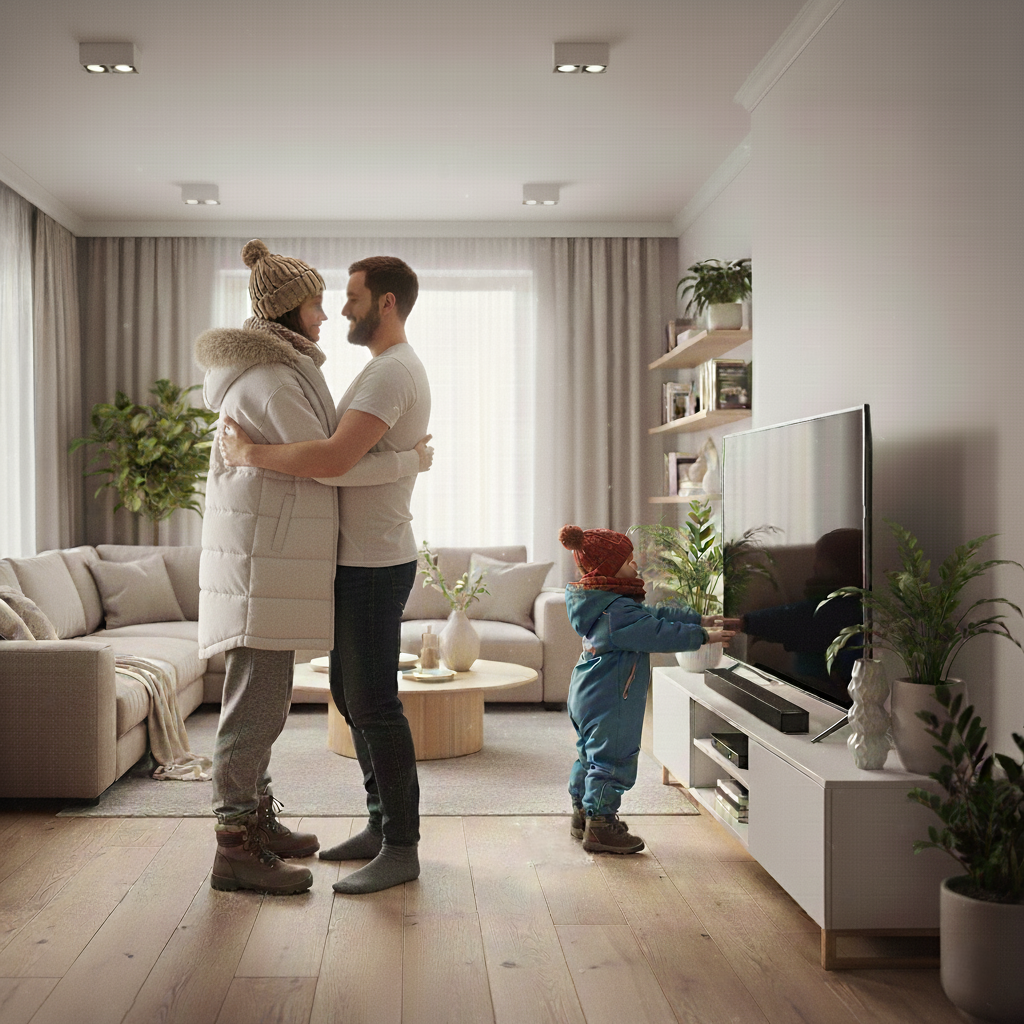 Kind berührt einen Fernseher, der im Wohnzimmer auf einem Lowboard steht