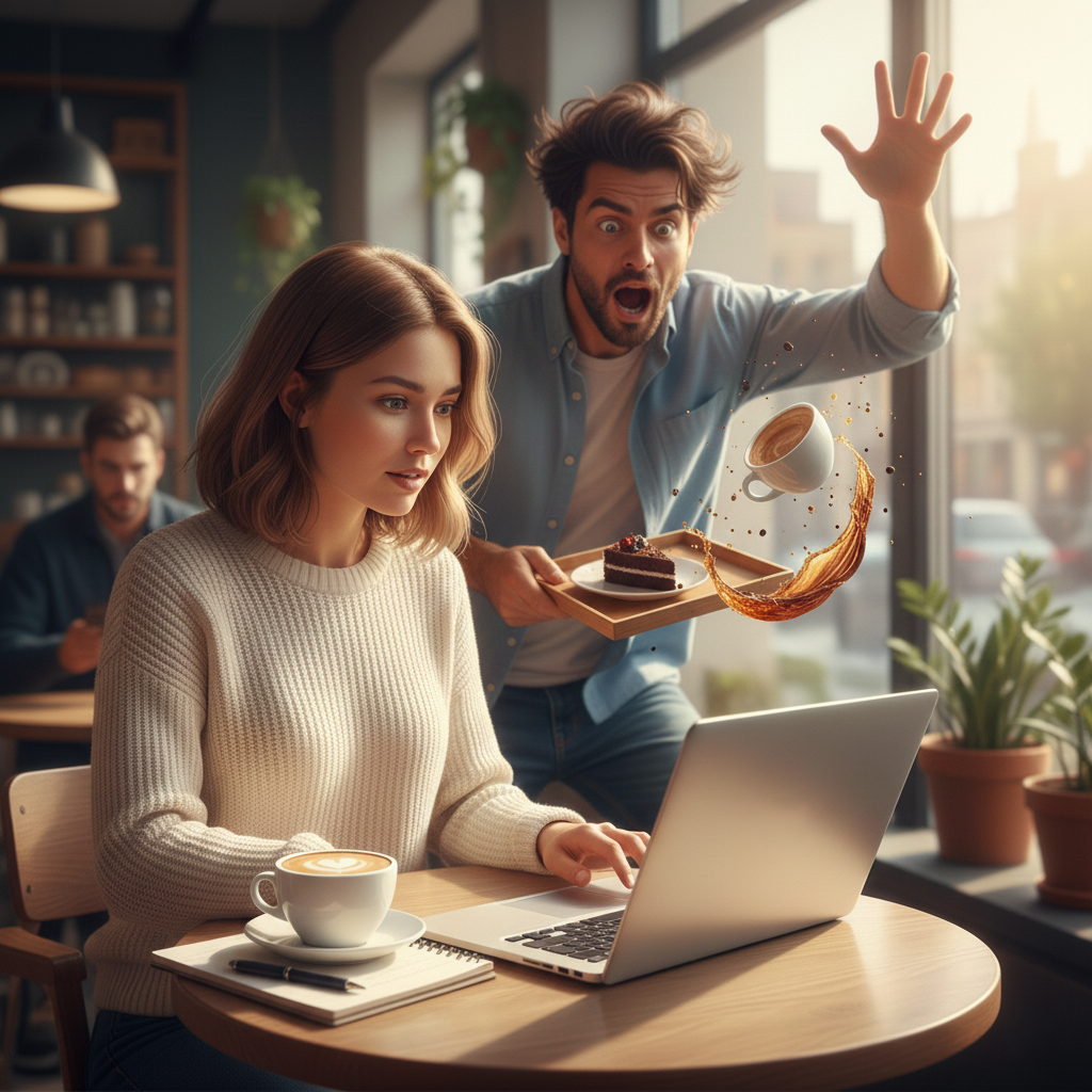 Umkippende Kaffeetasse über einem offenen Laptop in einem Café