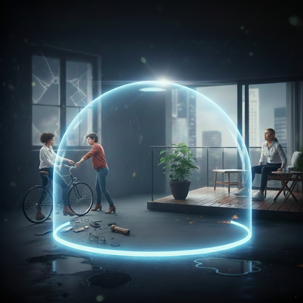 Zwei Personen stehen mit einem besch&auml;digten Fahrrad innerhalb eines leuchtenden Schutzbereichs, w&auml;hrend eine dritte Person auf einer Terrasse im Hintergrund sitzt