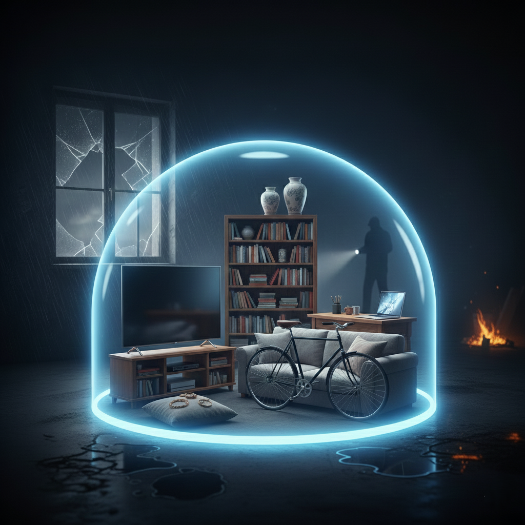 Gesch&uuml;tzte Wohnungseinrichtung unter einer leuchtenden Schutzkuppel, w&auml;hrend im Hintergrund ein Einbruchsszenario sichtbar ist.