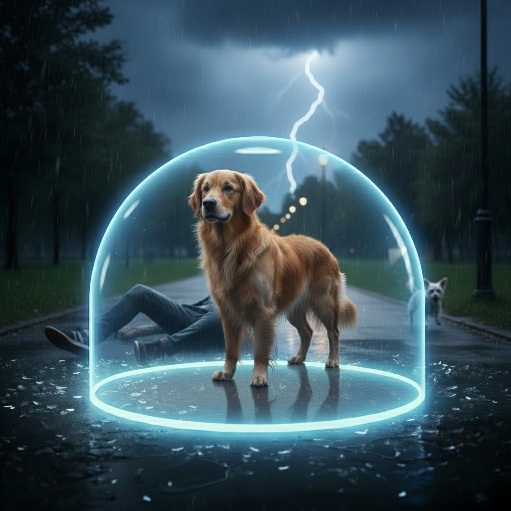 Hund in Schutzkuppel bei Gefahrensituation im Park