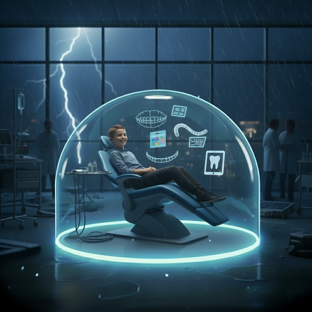 Person in Schutzkuppel auf Behandlungsstuhl mit kieferorthop&auml;dischen Symbolen