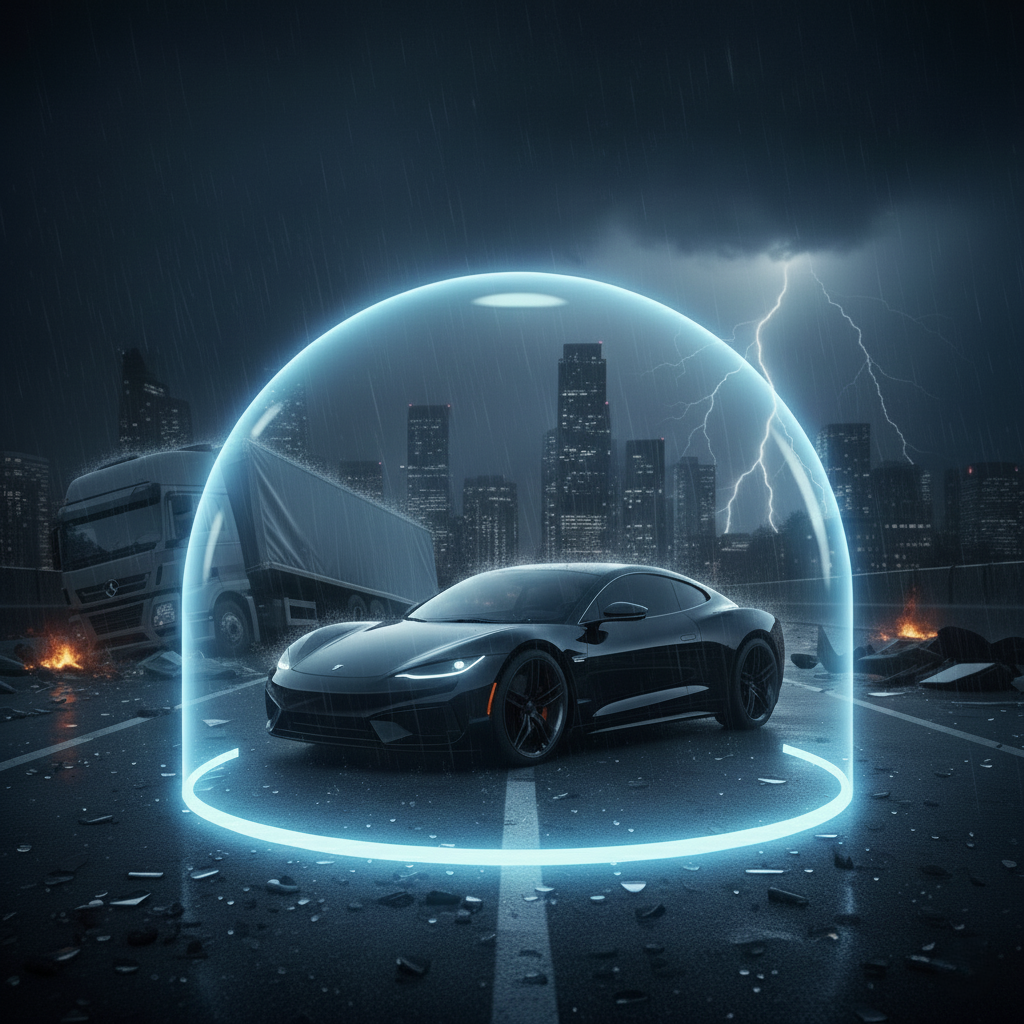 Sportwagen steht bei starkem Unwetter unter einem leuchtenden Schutzbereich, w&auml;hrend im Hintergrund ein Lkw und Tr&uuml;mmer sichtbar sind