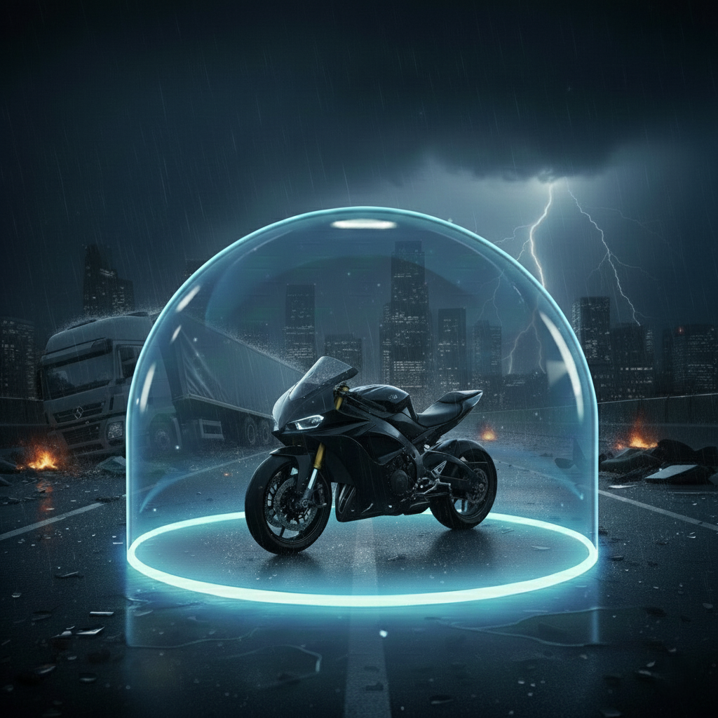 Motorrad steht bei starkem Unwetter unter einem leuchtenden Schutzbereich, w&auml;hrend im Hintergrund ein Lkw und Tr&uuml;mmer sichtbar sind
