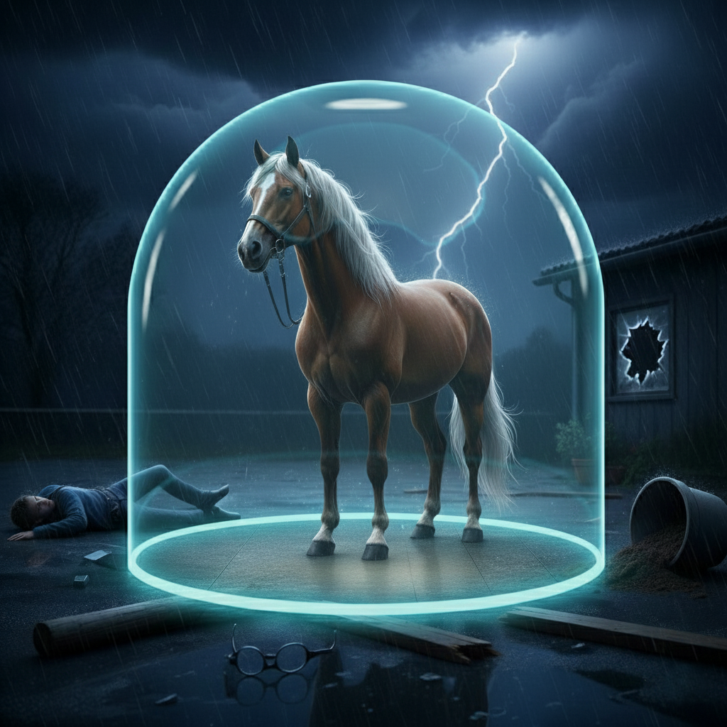 Pferd in Schutzkuppel bei Gefahrensituation im Reitbereich