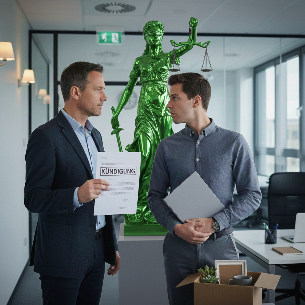 Mitarbeiter erhält ein Kündigungsschreiben in einem Büro, im Hintergrund steht eine Justitia‑Statue