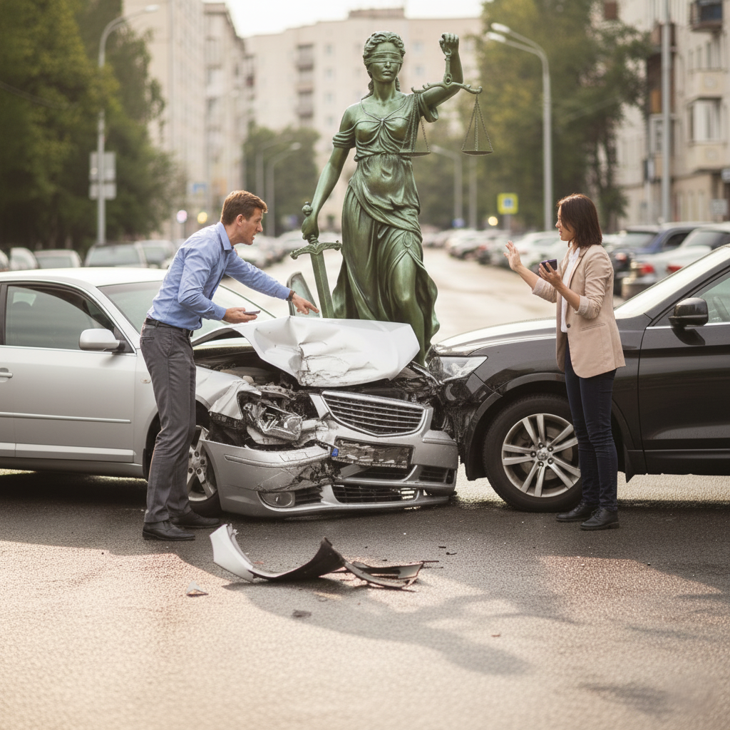 Zwei beschädigte Autos nach einem Verkehrsunfall, Personen diskutieren am Unfallort