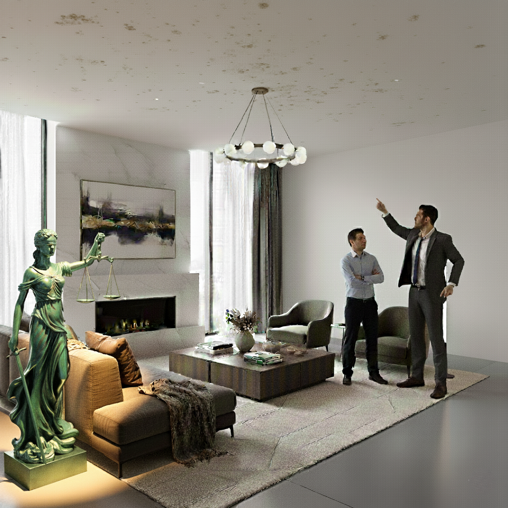 Stockflecken und Wasserschäden an der Wohnzimmerdecke, zwei Personen begutachten den Schaden