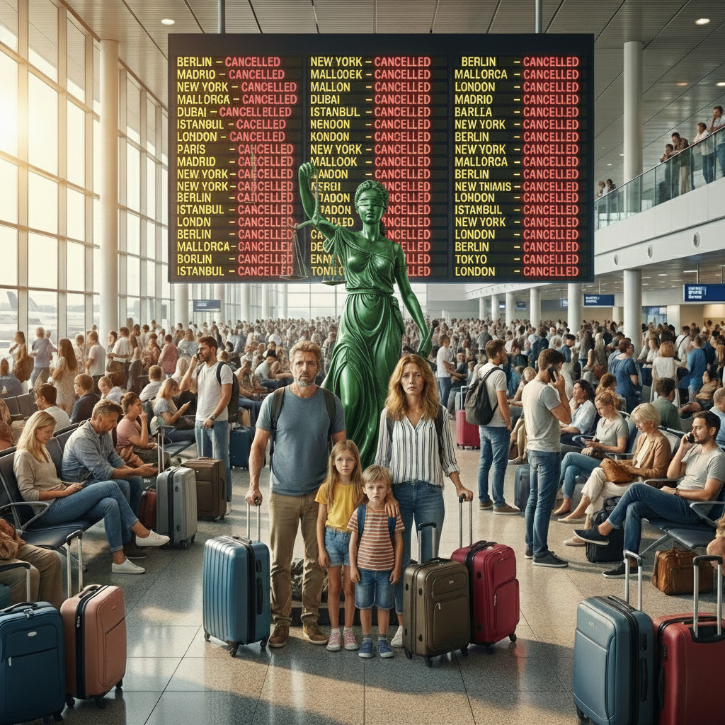 Überfüllter Flughafen mit vielen gestrichenen Flügen auf der Anzeigetafel