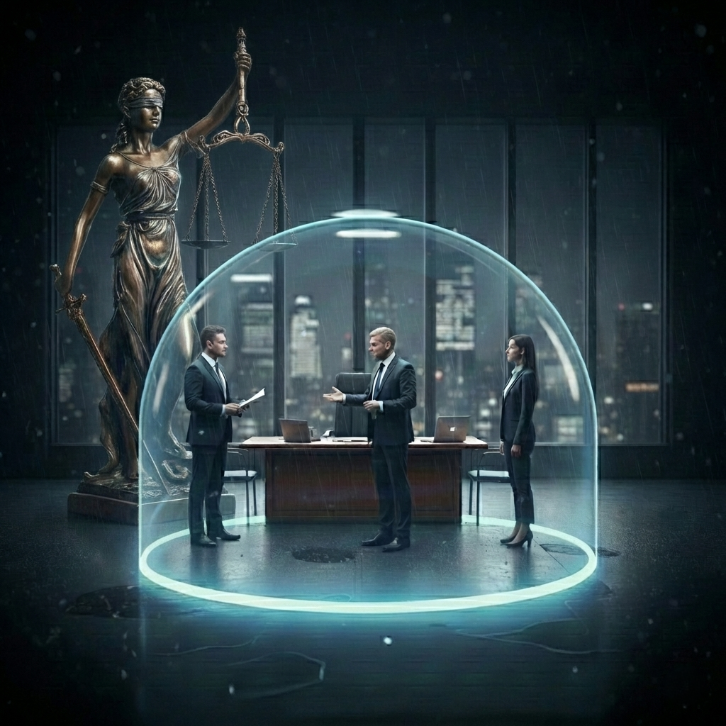 Drei Personen stehen in einem B&uuml;ro innerhalb eines leuchtenden Schutzbereichs, w&auml;hrend im Hintergrund eine gro&szlig;e Justitia‑Statue und ein Schreibtisch mit Unterlagen zu sehen sind