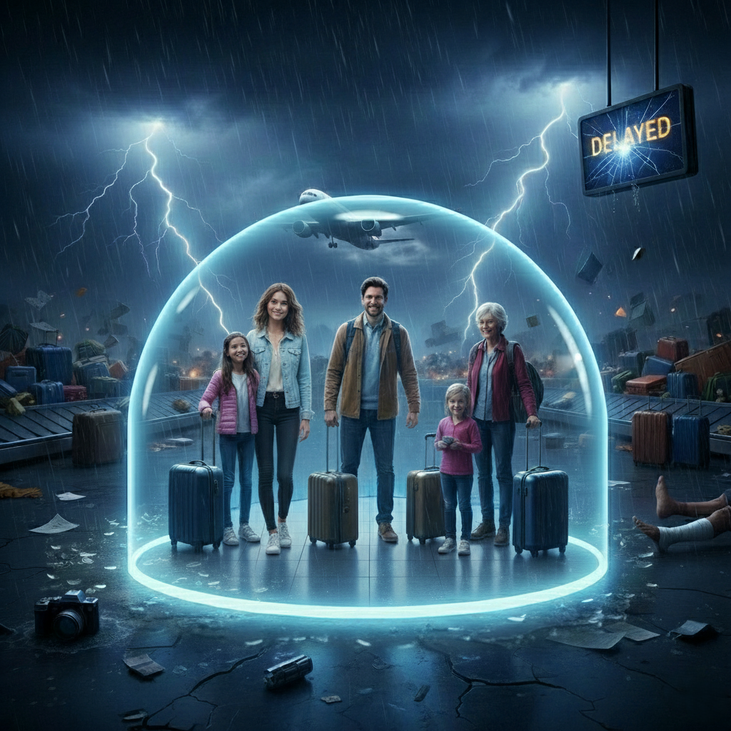 Familie unter Schutzkuppel am Flughafen bei Unwetter und Flugversp&auml;tung