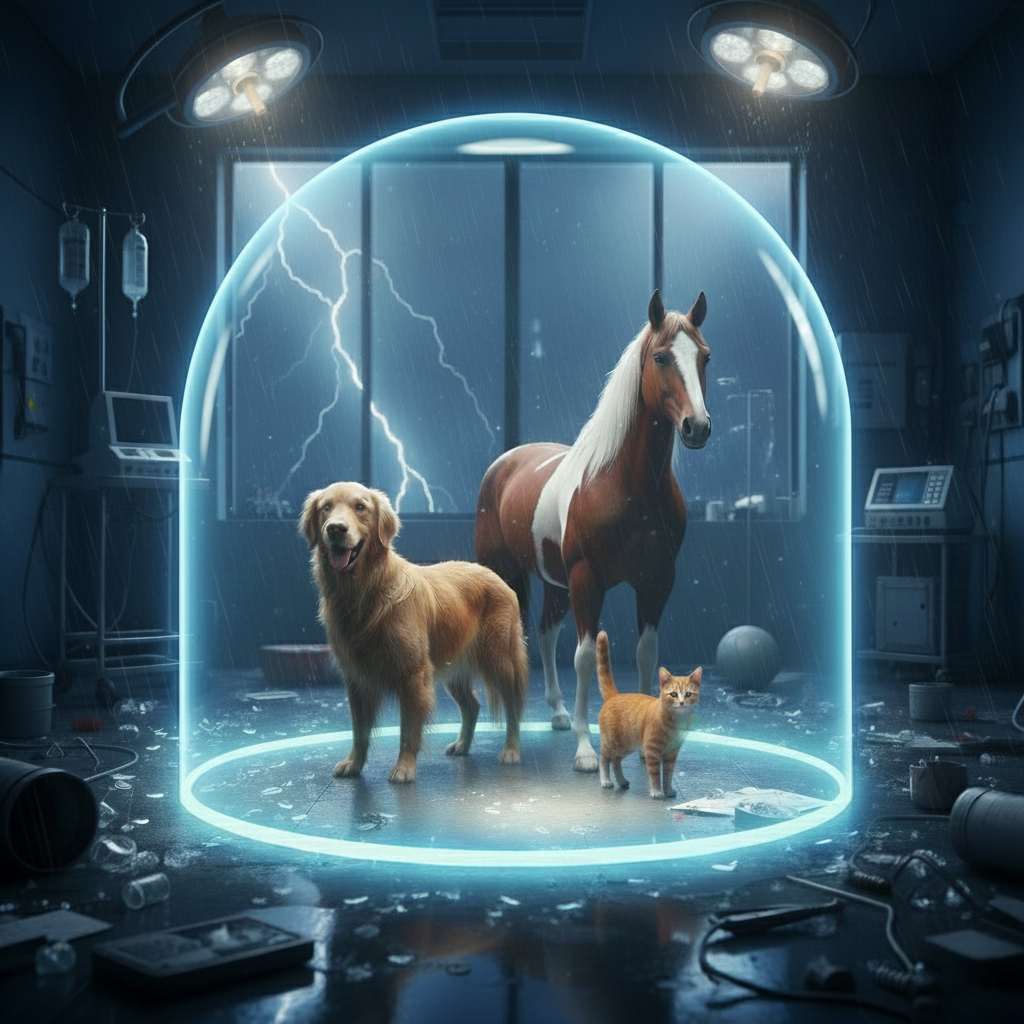 Hund, Katze und Pferd gemeinsam in Schutzkuppel bei Notfallsituation