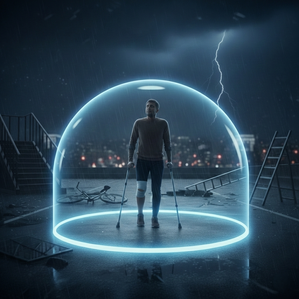 Verletzte Person mit Kr&uuml;cken in Schutzkuppel nach Unfall