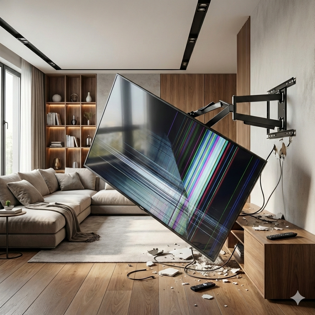 Beschädigter Fernseher, der aus einer Wandhalterung gerissen ist und zerbrochene Teile auf dem Boden verursacht hat.