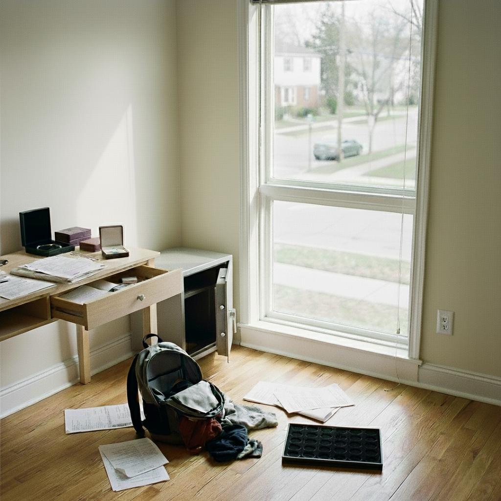 Aufgebrochener Schrank und verstreute Gegenstände in einem durchsuchten Zimmer nach einem Einbruch.