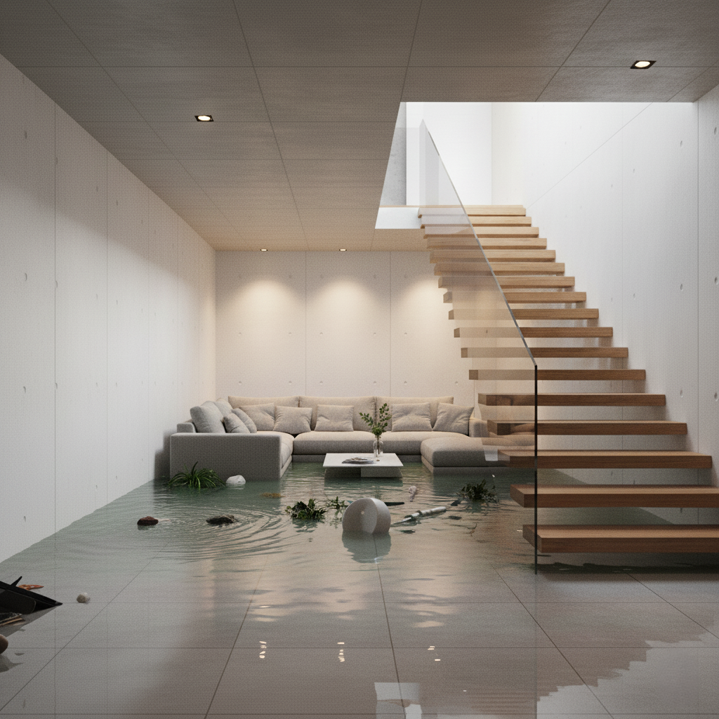 Überflutetes Untergeschoss mit Wasser auf dem Boden, moderner Treppe und durchnässter Einrichtung.