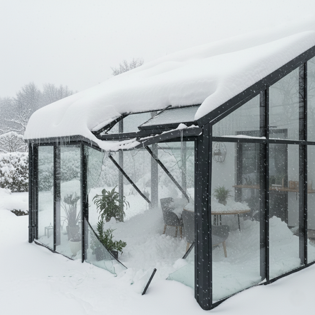 Wintergarten mit eingestürztem Dach durch extreme Schneelast und Glasschäden