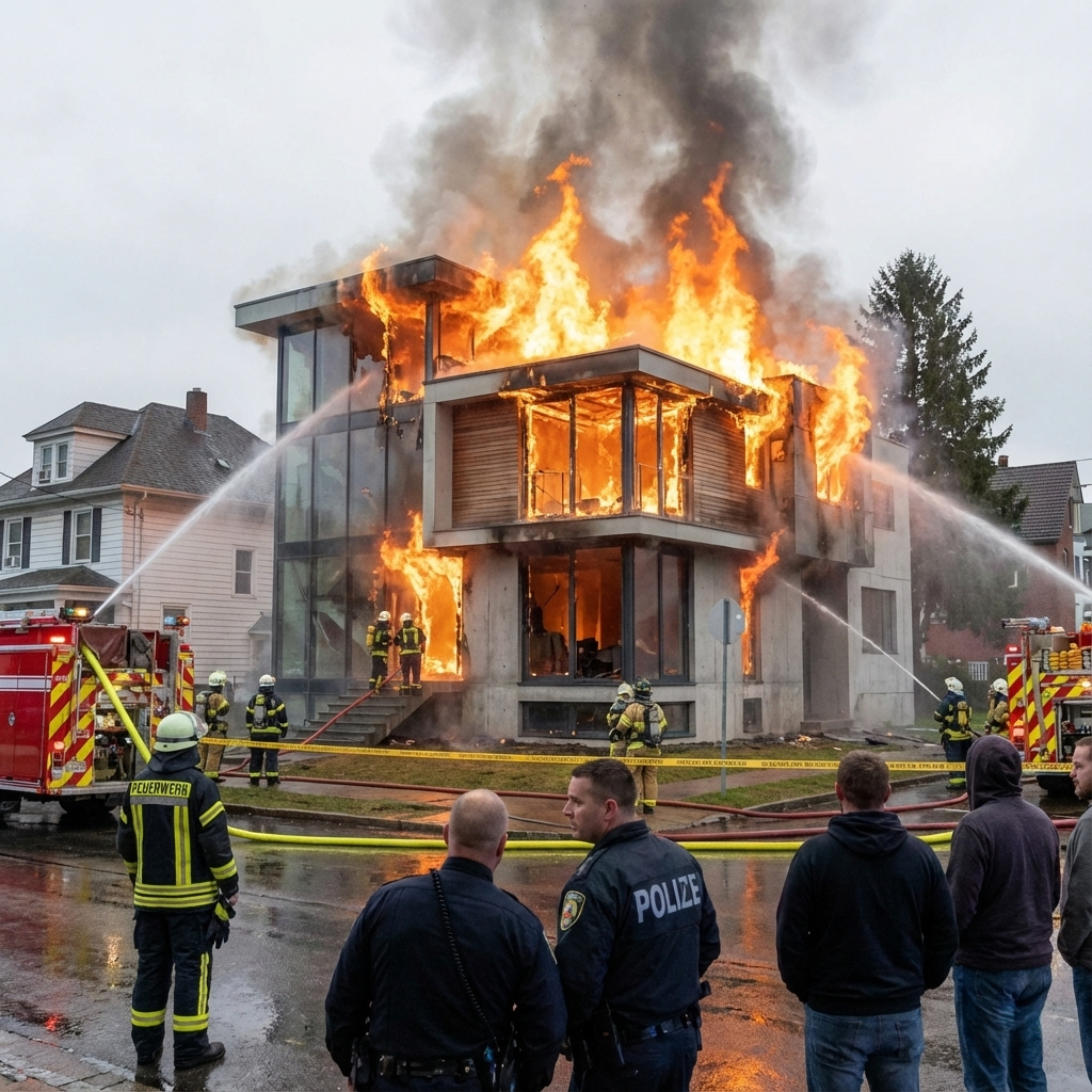 Brennendes Wohnhaus mit Feuerwehr im Einsatz und starker Rauchentwicklung