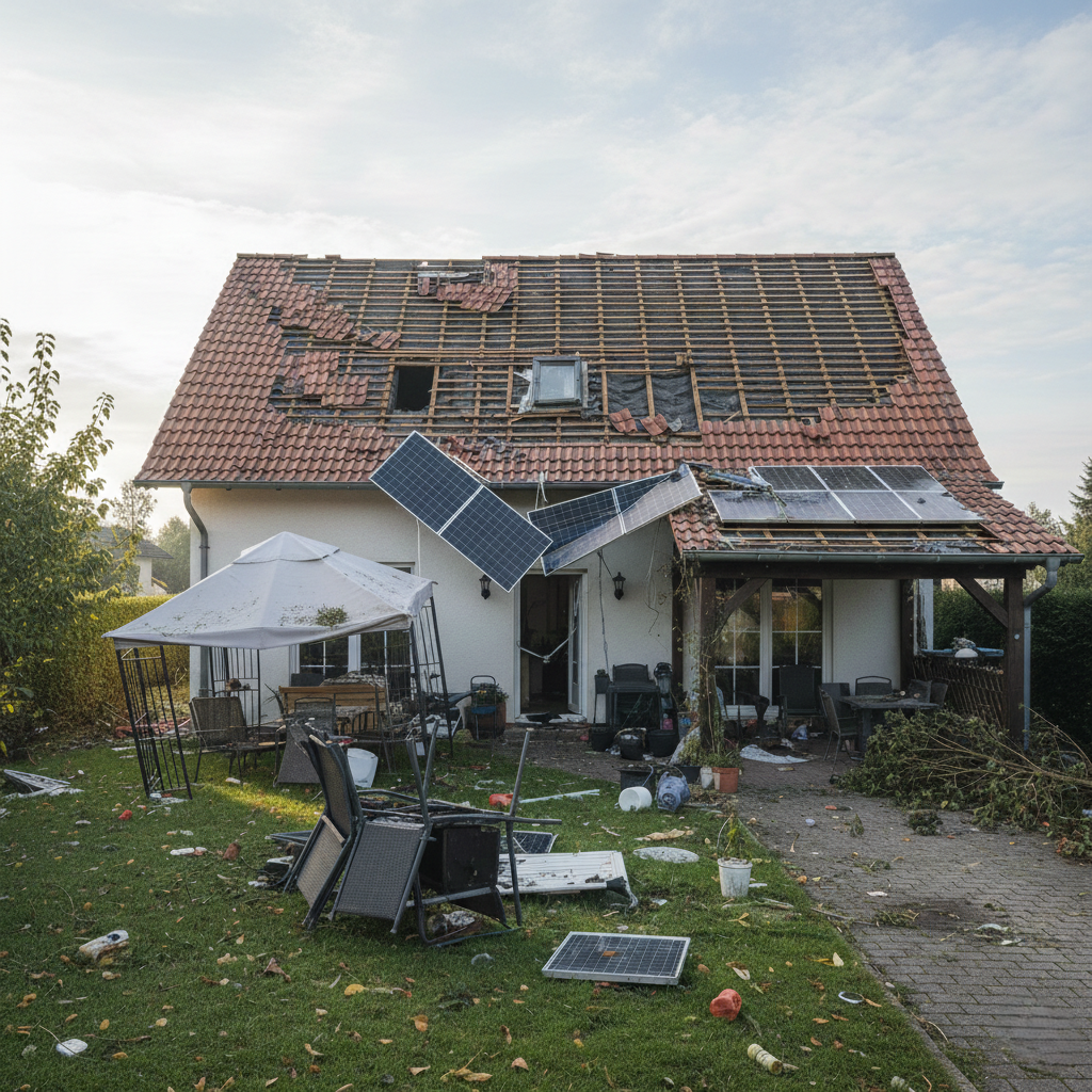 Sturmschaden an Wohnhaus mit abgedecktem Dach, zerstörten Solarpaneelen und beschädigtem Garten