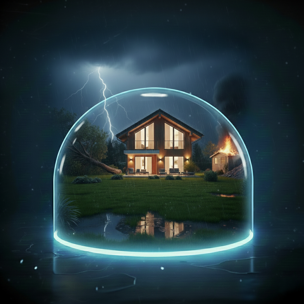 Wohnhaus unter einer leuchtenden Schutzkuppel, w&auml;hrend Sturm, Blitz und Feuer im Hintergrund Sch&auml;den verursachen.