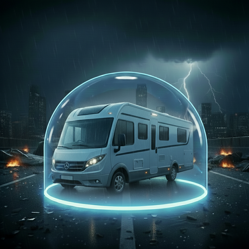 Wohnmobil in leuchtender Schutzkuppel bei Unwetter und Gefahrensituation