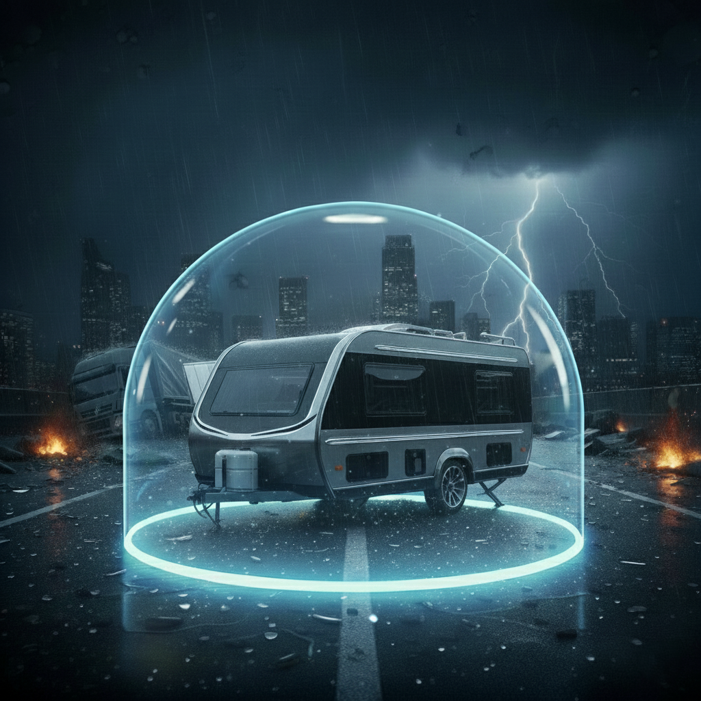 Wohnwagen in leuchtender Schutzkuppel bei Sturm und Gefahrensituation