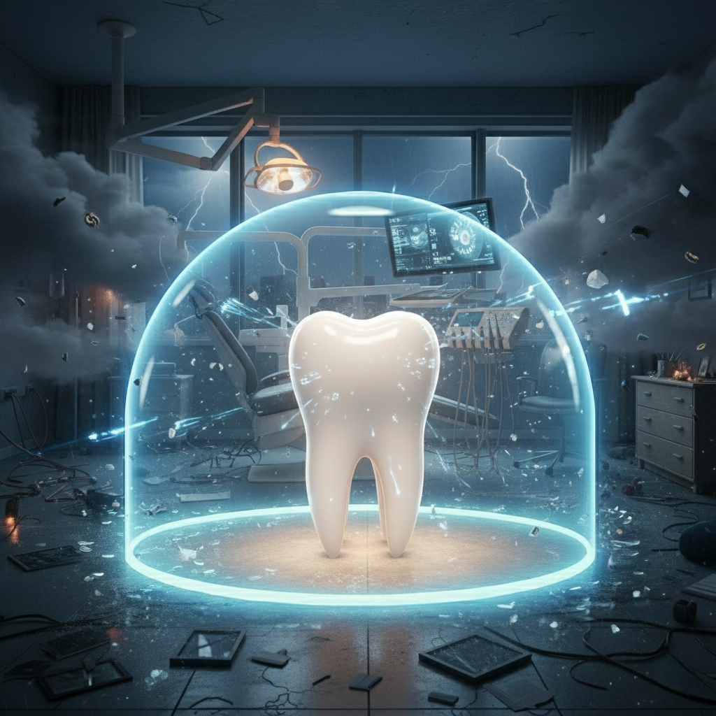 Gro&szlig;er Zahn in leuchtender Schutzkuppel in besch&auml;digter Zahnarztpraxis