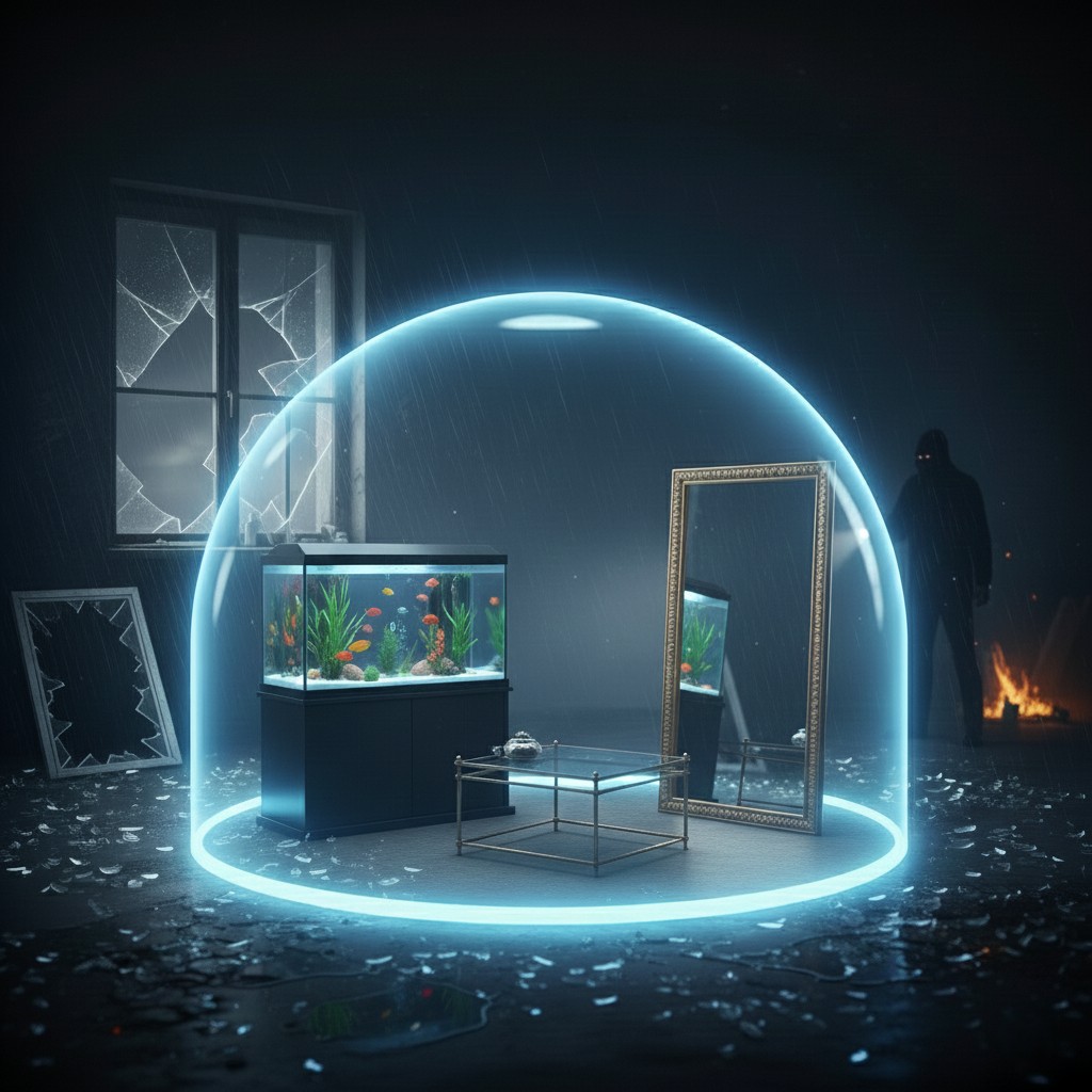 Wohnbereich mit Aquarium, Glastisch und gro&szlig;em Spiegel unter einer leuchtenden Schutzkuppel, w&auml;hrend drau&szlig;en Glasscherben und ein Einbruchsszenario sichtbar sind