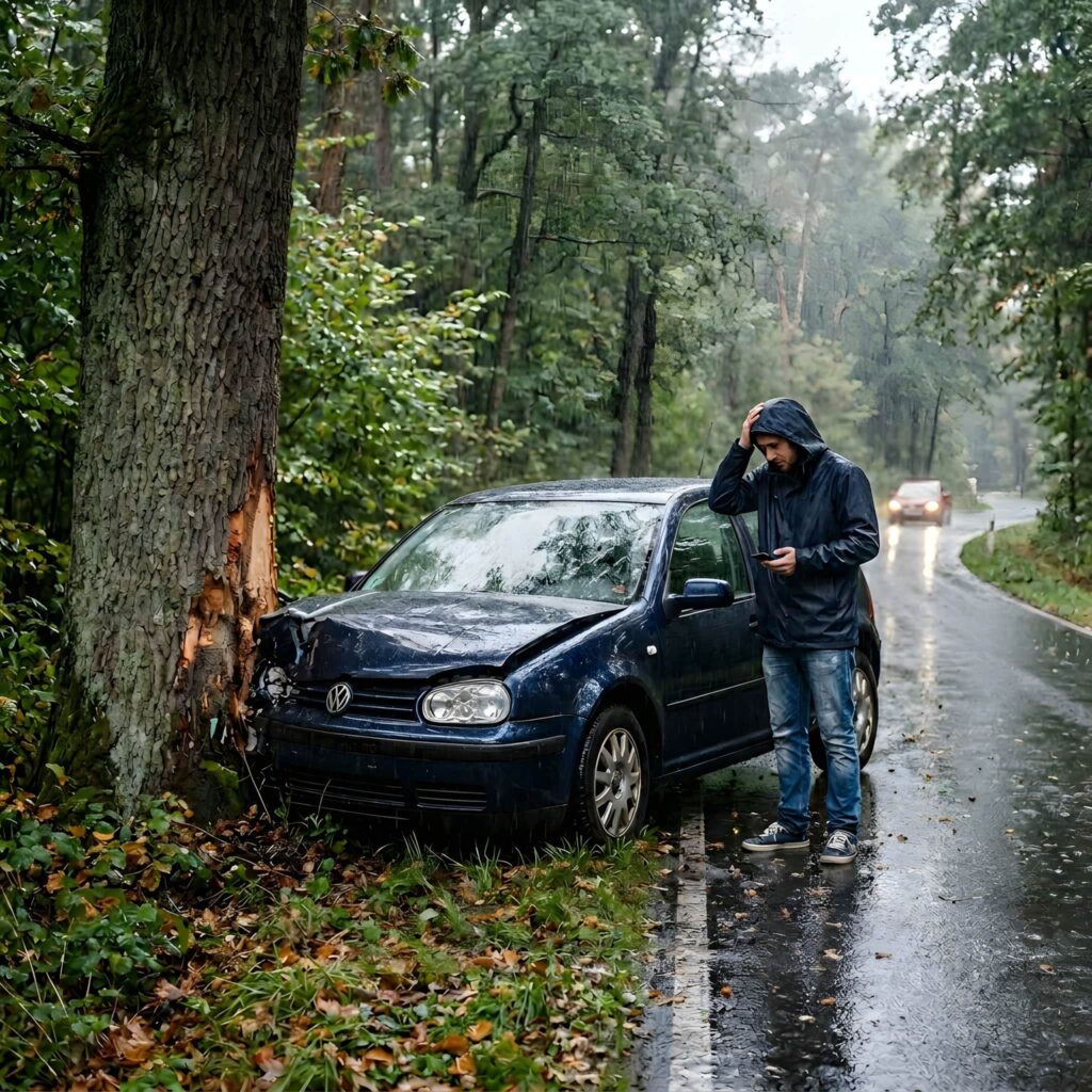 Fahrer steht ratlos neben seinem gegen einen Baum gefahrenen Auto im Regen – selbstverschuldeter Unfall ohne Vollkasko auf eigene Kosten